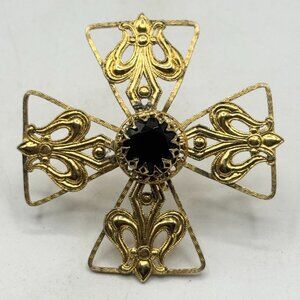 Freirich Black Stone Maltese Cross Vintage Brooch Pin